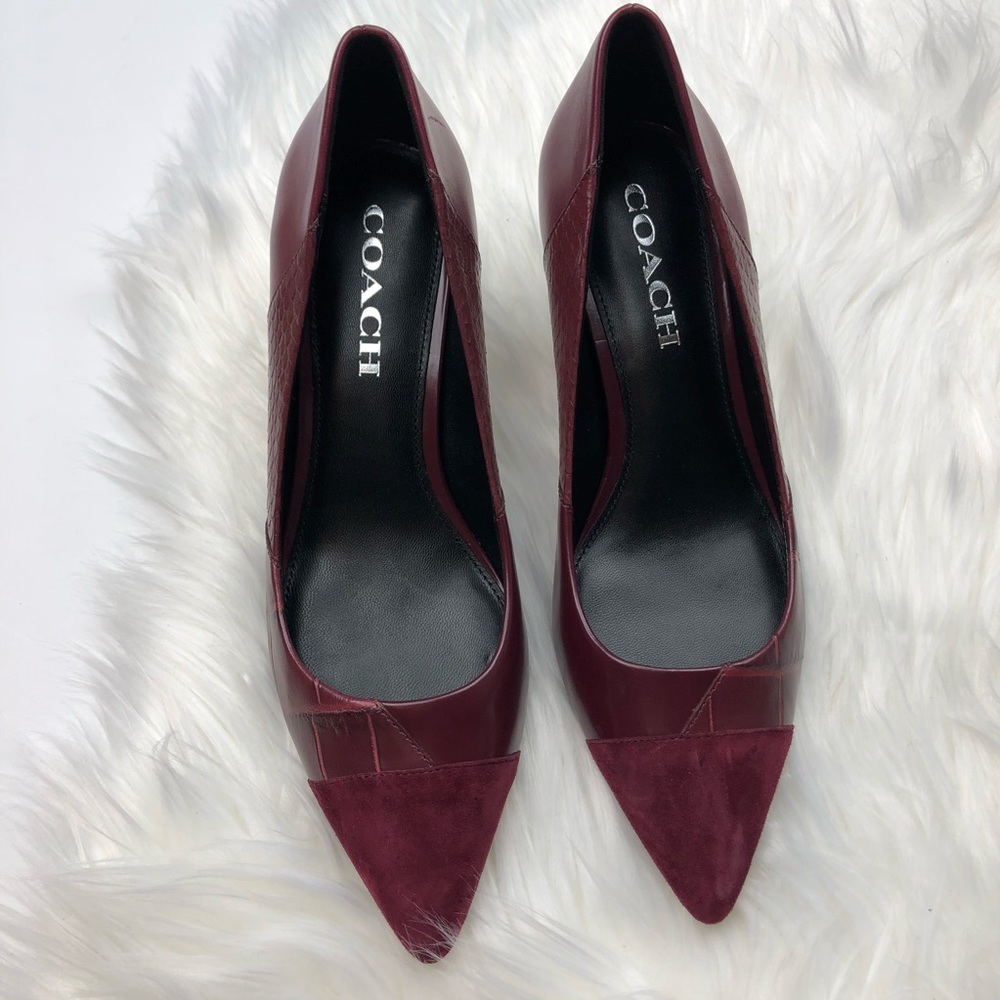 New Coach Patchwork Burgundy Suede Heels - Picture 3 of 6